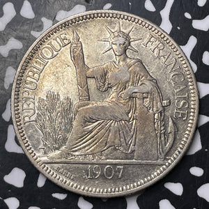 1907-A French Indo-China 1 Piastre Lot#MK163 Large Silver!