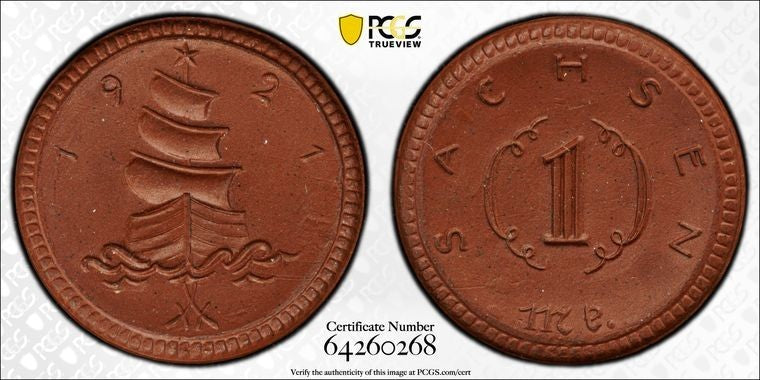 1921 Germany Saxony 1 Mark Porcelain Notgeld PCGS MS65 Lot#G4142 Gem BU!
