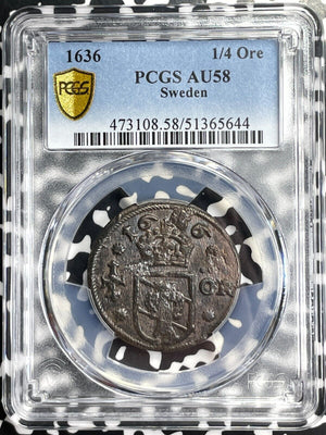 1636 Sweden 1/4 Ore PCGS AU58 Lot#G9616 Solo Top Graded!