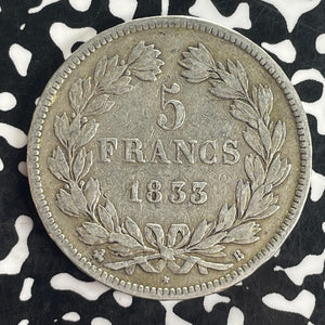 1833-B France 5 Francs Lot#T8320 Large Silver Coin!