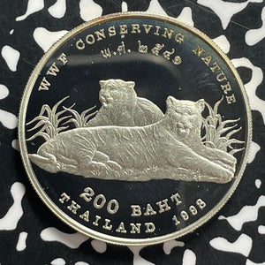 1998 Thailand 200 Baht Lot#JM9578 Large Silver! Proof! Tigers, Y#360
