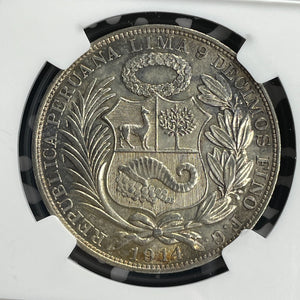 1914-FG Peru 1 Sol NGC MS62 Lot#G834 Large Silver! Nice UNC!