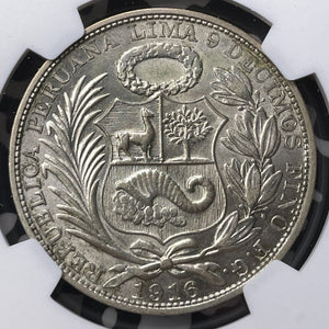 1916-FG Peru 1 Sol NGC AU58 Lot#G9013 Large Silver! Incuse 'Libertad'