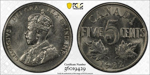 1922 Canada 5 Cents PCGS MS62 Lot#G043 Nice UNC! Near 'S' Variety