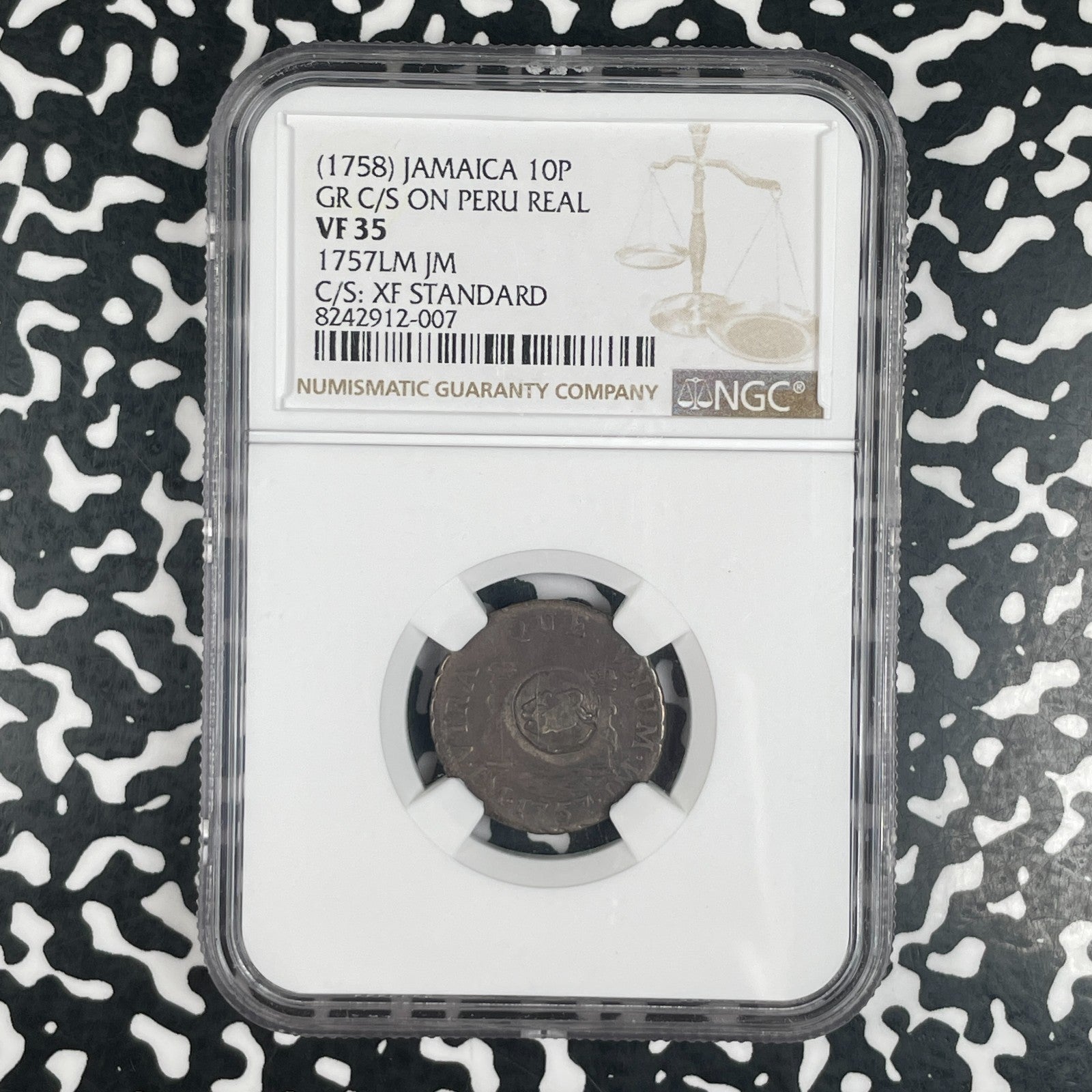 (1758) Jamaica 10 Pence C/S On Peru Real NGC VF35 Lot#G4049 Silver!