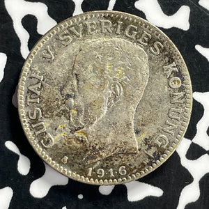 1916 Sweden 1 Krona Lot#T9506 Silver!