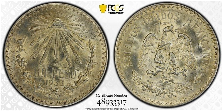 1933/3-M Mexico 1 Peso PCGS MS63 Lot#G2082 Silver! KM#455 '3' Over Inverted '3'