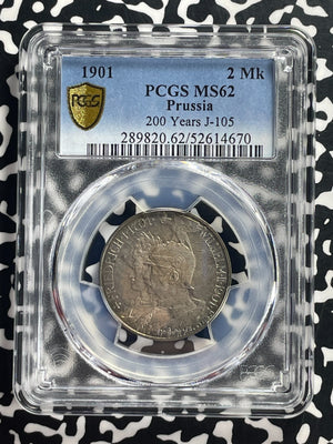 1901 Germany Prussia 2 Mark PCGS MS62 Lot#G709 Silver! Nice UNC! J-105
