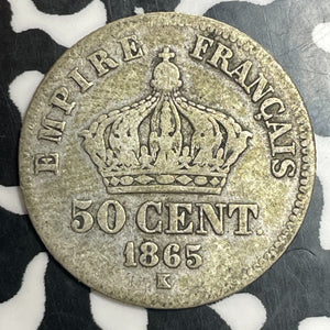 1865-K France 50 Centimes Lot#T3267 Silver!