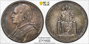 1936 Vatican City 10 Lire PCGS MS64 Lot#G631 Silver! Choice UNC!