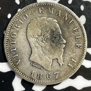 1867-M BN Italy 1 Lira Lot#E4389 Silver!