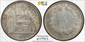 1905-A French Indo-China 1 Piastre PCGS Cleaned-AU Detail Lot#MK99 Silver!