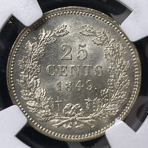 1849 Netherlands 25 Cents NGC MS64 Lot#G9058 Silver! Choice UNC!