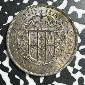 1943 New Zealand 1/2 Half Crown Lot#T6698 Silver! High Grade! Beautiful Toning!