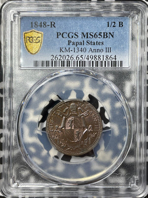 1848-R Papal States 1/2 Baiocco PCGS MS65BN Lot#G8240 Solo Top Graded! KM#1340