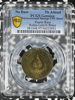 U/D Puerto Rico 1 Almud Token PCGS Environmental DMG-UNC Details Lot#G055