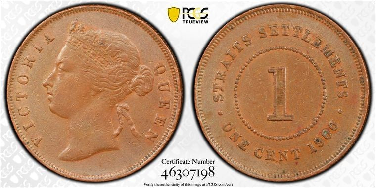 1900 Straits Settlements 1 Cent PCGS AU50 Lot#G2046 Key Date!