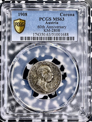 1908 Austria 1 Corona PCGS MS63 Lot#G9854 Silver! Choice UNC! KM#2808