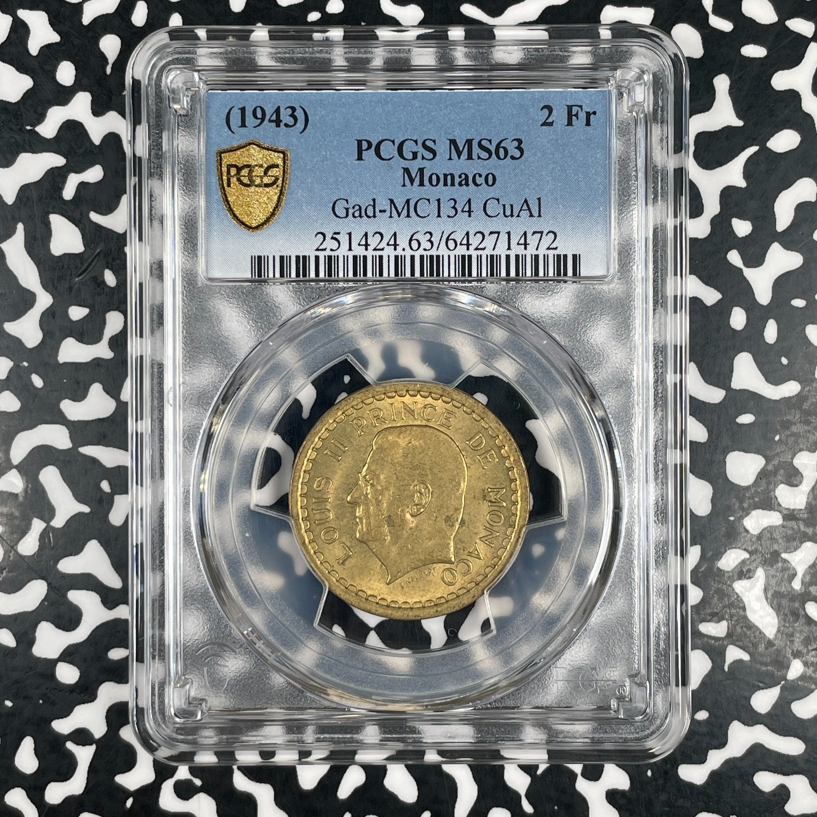 (1943) Monaco 2 Francs PCGS MS63 (11 Available) (1 Coin Only) Gad-MC134