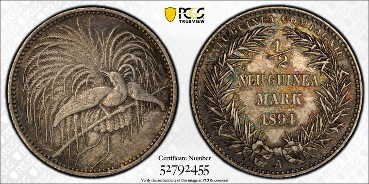 1894-A German New Guinea 1/2 Mark PCGS AU55 Lot#G4180 Silver! J-704