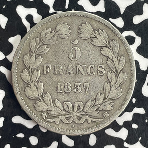 1837-BB France 5 Francs Lot#T8294 Large Silver Coin!