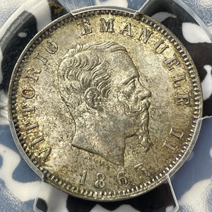 1863-M BN Italy 1 Lira PCGS MS64 Lot#G8222 Silver! Choice UNC!