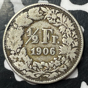 1906-B Switzerland 1/2 Franc Half Franc Lot#E9425 Silver!