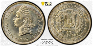 1963 Dominican Republic 1/2 Peso PCGS MS65 Lot#G8307 Silver! Gem BU!