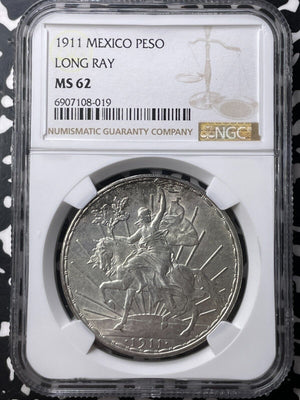 1911 Mexico Caballito 1 Peso NGC MS62 Lot#G9049 Large Silver! Nice UNC! Long Ray