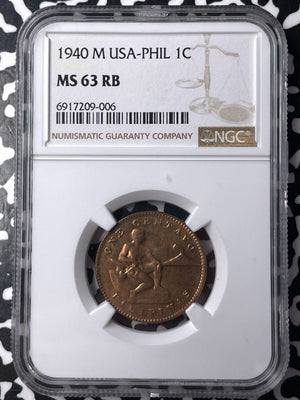 1940-M U.S. Philippines 1 Centavo NGC MS63RB Lot#G9572 Choice UNC!