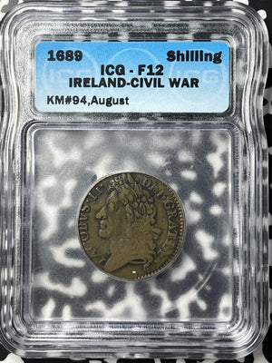 1689-August Ireland James II 1 Gunmoney Shilling ICG F12 Lot#G9065 KM#94