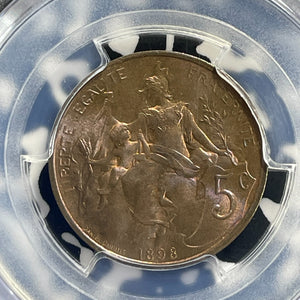 1898 France 5 Centimes PCGS MS65RB Lot#G1055 Gem BU! Gad-165, F#119, KM#842