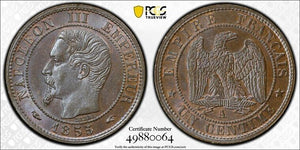 1855-A France 1 Centime PCGS MS66BN Lot#G8159 Gem BU! Solo Top Graded! Gad-86