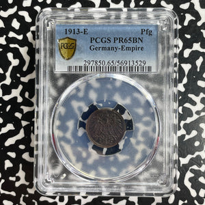1913-E Germany 1 Pfennig PCGS PR65BN Lot#G1086 Proof! Gem BU! Scarce!