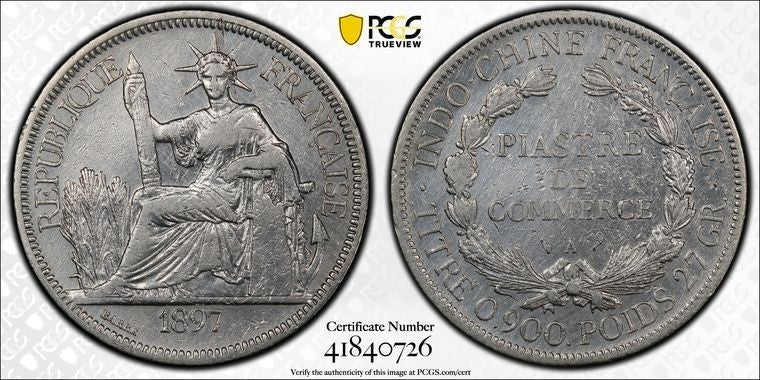 1897-A French Indo-China 1 Piastre PCGS Cleaned-XF Detail Lot#G3461 Silver!