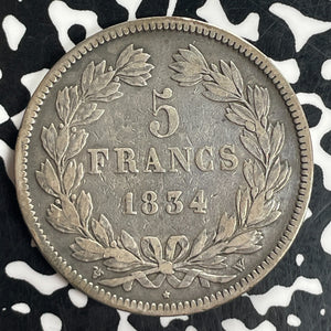 1834-W France 5 Francs Lot#T8099 Large Silver Coin!