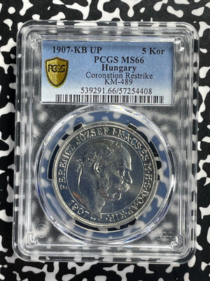 "1907"-KB UP Hungary Coronation 5 Korona PCGS MS66 Lot#G959 Silver! Restrike