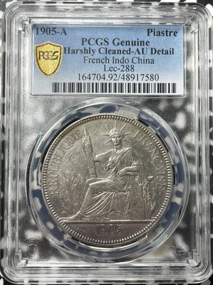 1905-A French Indo-China 1 Piastre PCGS Harshly Cleaned AU Det Lot#G8317 Silver!