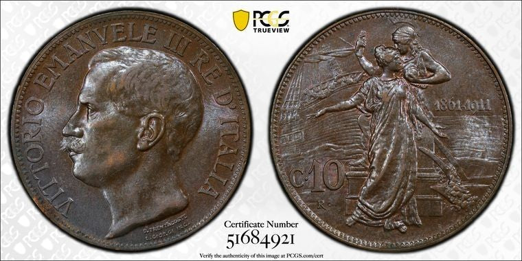 1911-R Italy 50th Anniversary 10 Centesimi PCGS AU58 Lot#G2165 KM#51