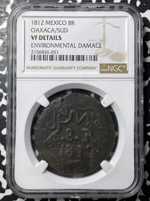 1812 Mexico Oaxaca 8 Reales NGC Environmental Damage-VF Details Lot#G8503