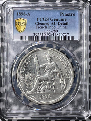 1898-A French Indo-China 1 Piastre PCGS Cleaned-AU Detail Lot#MK98 Silver!