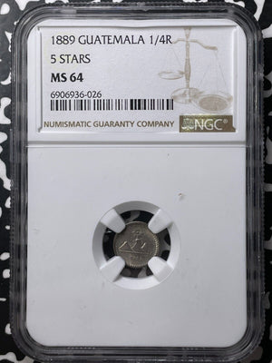 1889 Guatemala 1/4 Real NGC MS64 Lot#G8723 Silver! Choice UNC! 5 Stars KM#158