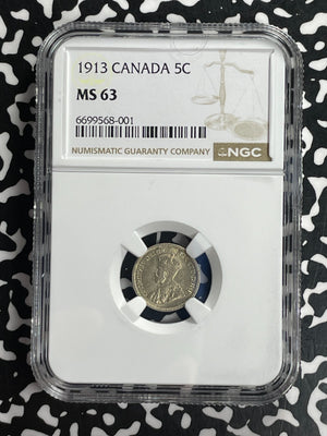 1913 Canada 5 Cents NGC MS63 Lot#G851 Silver! Choice UNC!