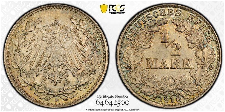 1918-D Germany 1/2 Mark PCGS MS67 Lot#G4052 Silver! Gem BU! J-16