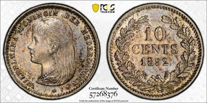 1892 Netherlands 10 Cents PCGS MS63 Lot#G774 Silver! Choice UNC!