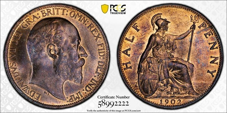 1902 Great Britain 1/2 Penny PCGS MS65RB Lot#G3992 Gem BU! S-3991