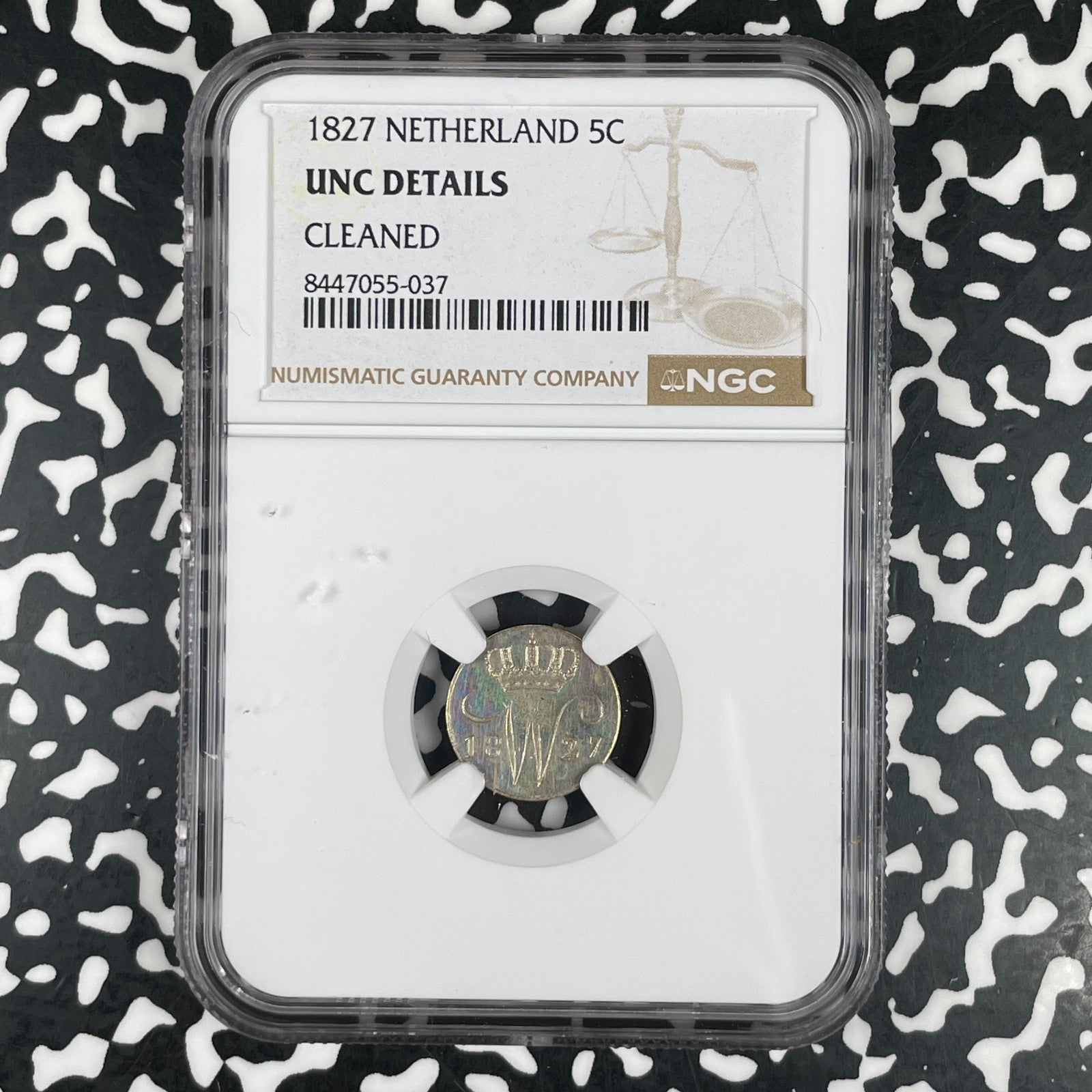 1827 Netherlands 5 Cents NGC Cleaned-UNC Details Lot#G3606 Silver! Key Date!
