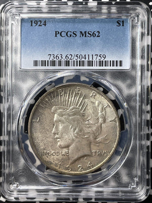 1924 U.S. $1 Peace Dollar PCGS MS62 Lot#G8771 Silver! Nice UNC!