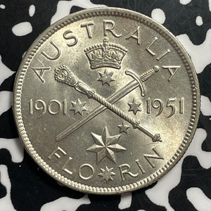 1951 Australia 1 Florin Lot#T1544 Silver! High Grade! Beautiful! KM#47