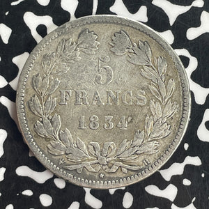 1834-H France 5 Francs Lot#T8306 Large Silver Coin!
